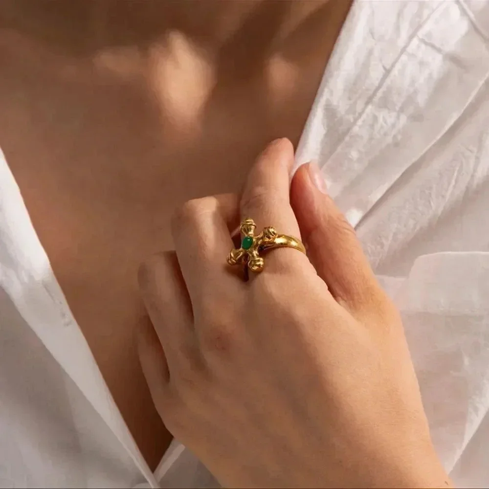 Anthropologie Taya Green Onyx 18K Gold Stainless Steel Waterproof 7 size Ring